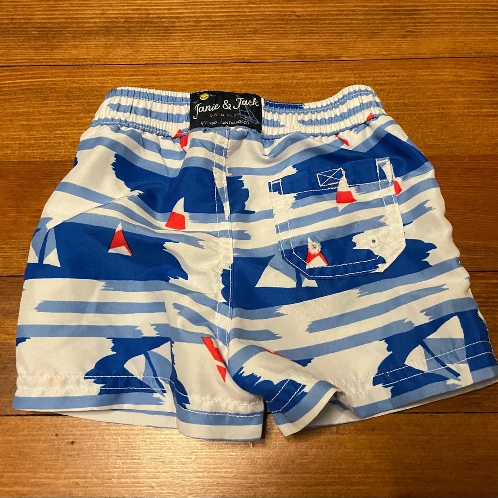 Janie & Jack Red Blue & White Nautical Sail Boat Swim Trunks Size 3-6 Months
